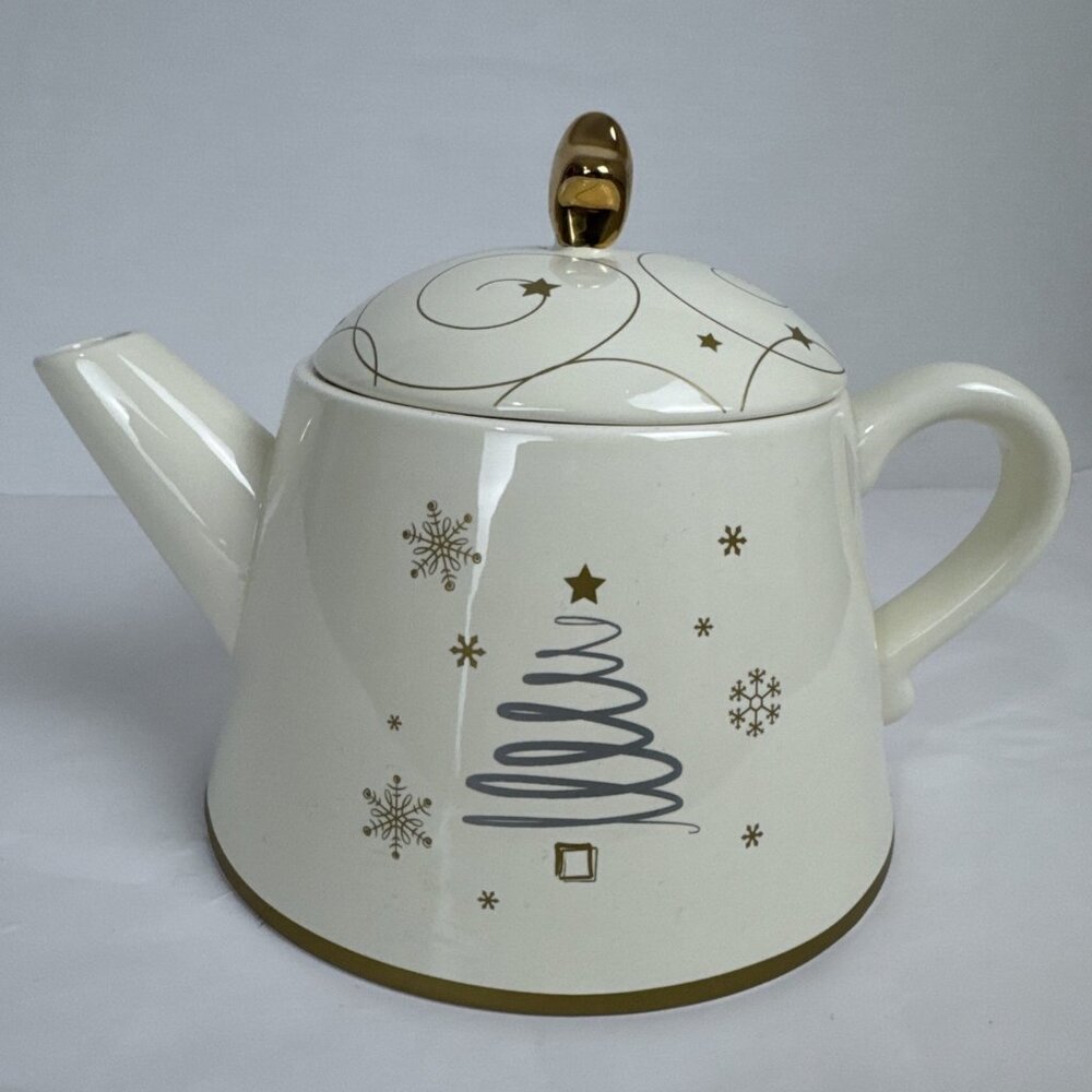 Russ Berrie Snowlit Christmas Tree Ceramic Large Teapot cream gold 2009 holiday